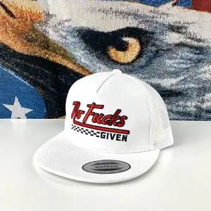 No Fucks Given Trucker Hat Baseball Cap - White Snapback with Bold Red Text and Checkered Design