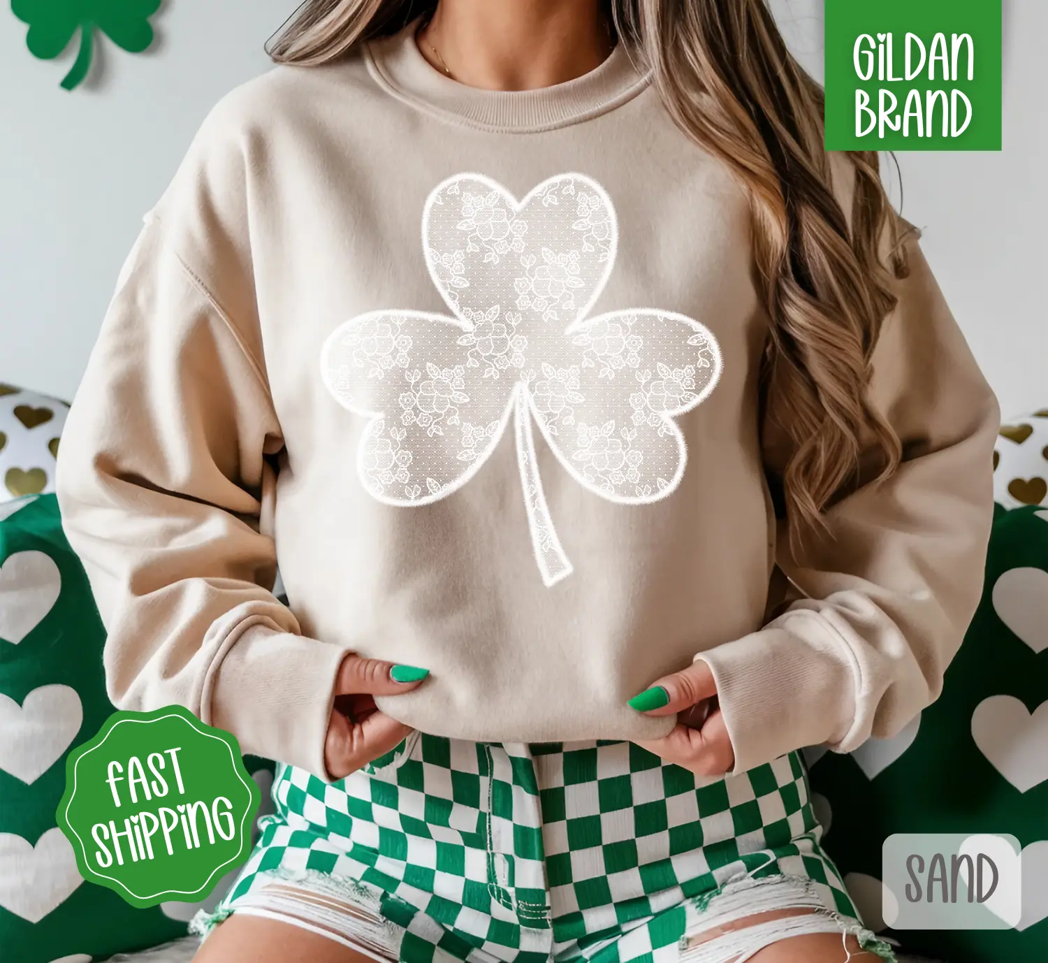 Lace Clover Sweatshirt, St Patrick's Day Crewneck, Cute Women's Sweater