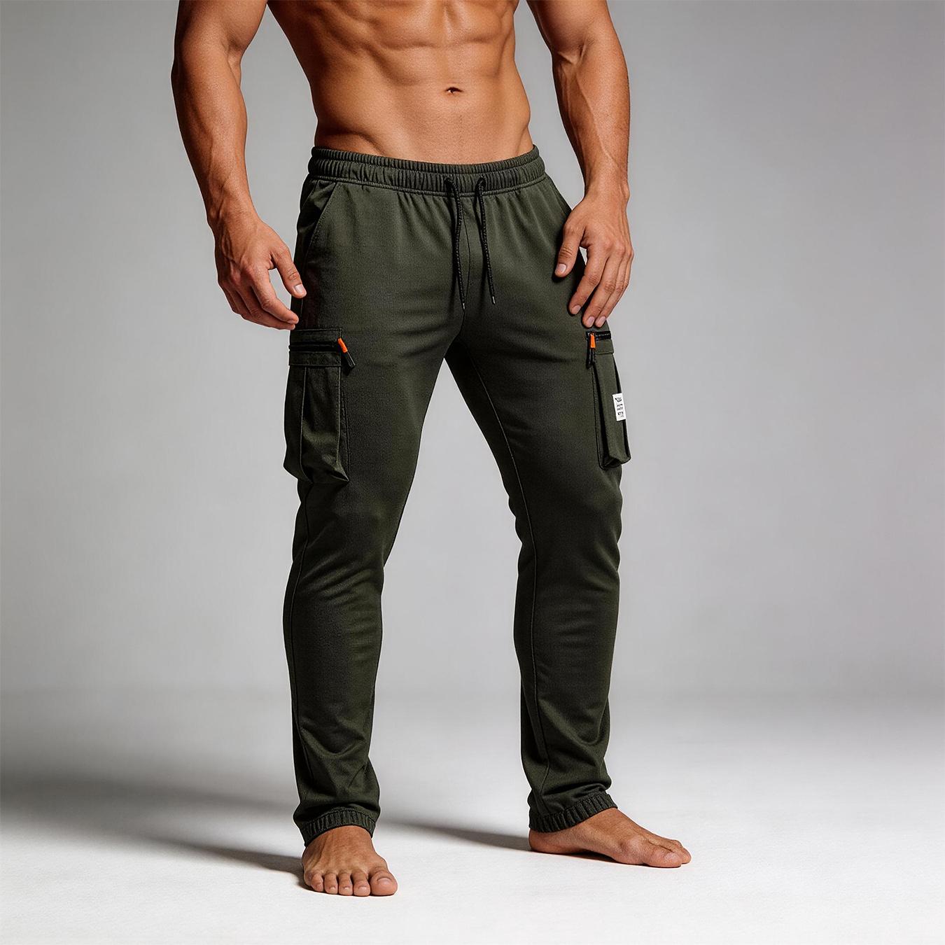Men’s slim-fit cargo joggers, quick-dry athletic pants with drawstring and zippered pockets, lightweight workout trousers for gym and everyday wear