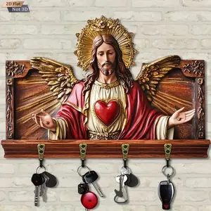Sacred Heart Wall Key Holder – Wooden Religious Key Rack with 4 Metal Hooks, Wall-Mounted Home Organizer, Vintage Faith-Inspired Decor for Entryway, Hallway & Living Room (11.8 x 4.8 in)