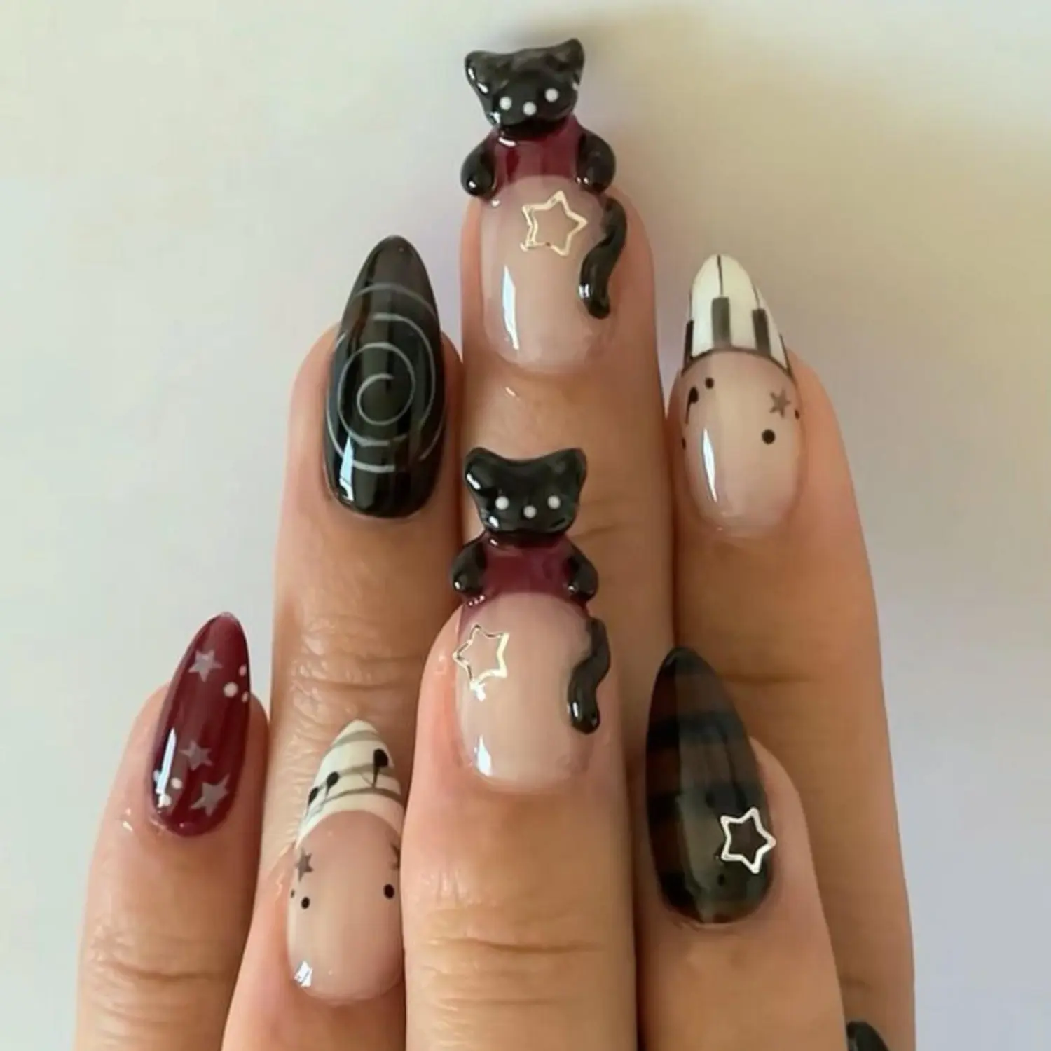 Black Cat Plaid Press-On Nails, 3D Kitty Charm Design, Burgundy Star Accents, Dark Academia Aesthetic, Plaid Pattern Almond Nails, Cozy Autumn Style Press Ons for Cat Lovers and Fall Fashion