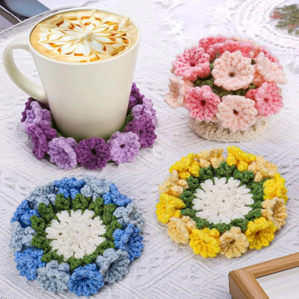 Crochet Kit for Beginners-4PCS Coaster Pot Crochet Kits Coaster Crochet Flower Kit with Crochet Yarns, Hooks, Easy Videos Tutorials to Crochet for Office, Coffee Table, Home Decor, Mother's Day