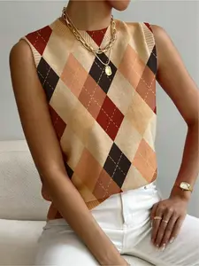 Women's Geometric Pattern Diamond Grid Print Stand Collar Sweater, Casual Sleeveless Knit Top for Fall Winter, Comfortable All-Season Wear