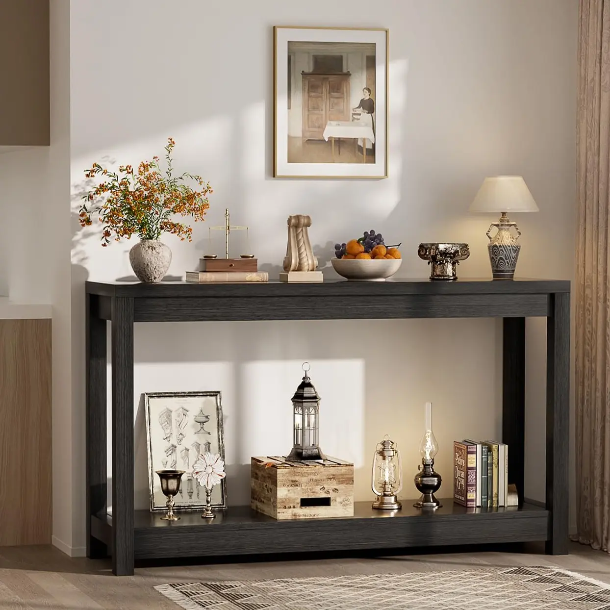 47" Farmhouse Wood Entryway TableNarrow Console Table with Storage BehindCouch Sofa Table with Shelves for Entry Waywith Open Storage, Easy Assembly, EmbossedWood Grain Black