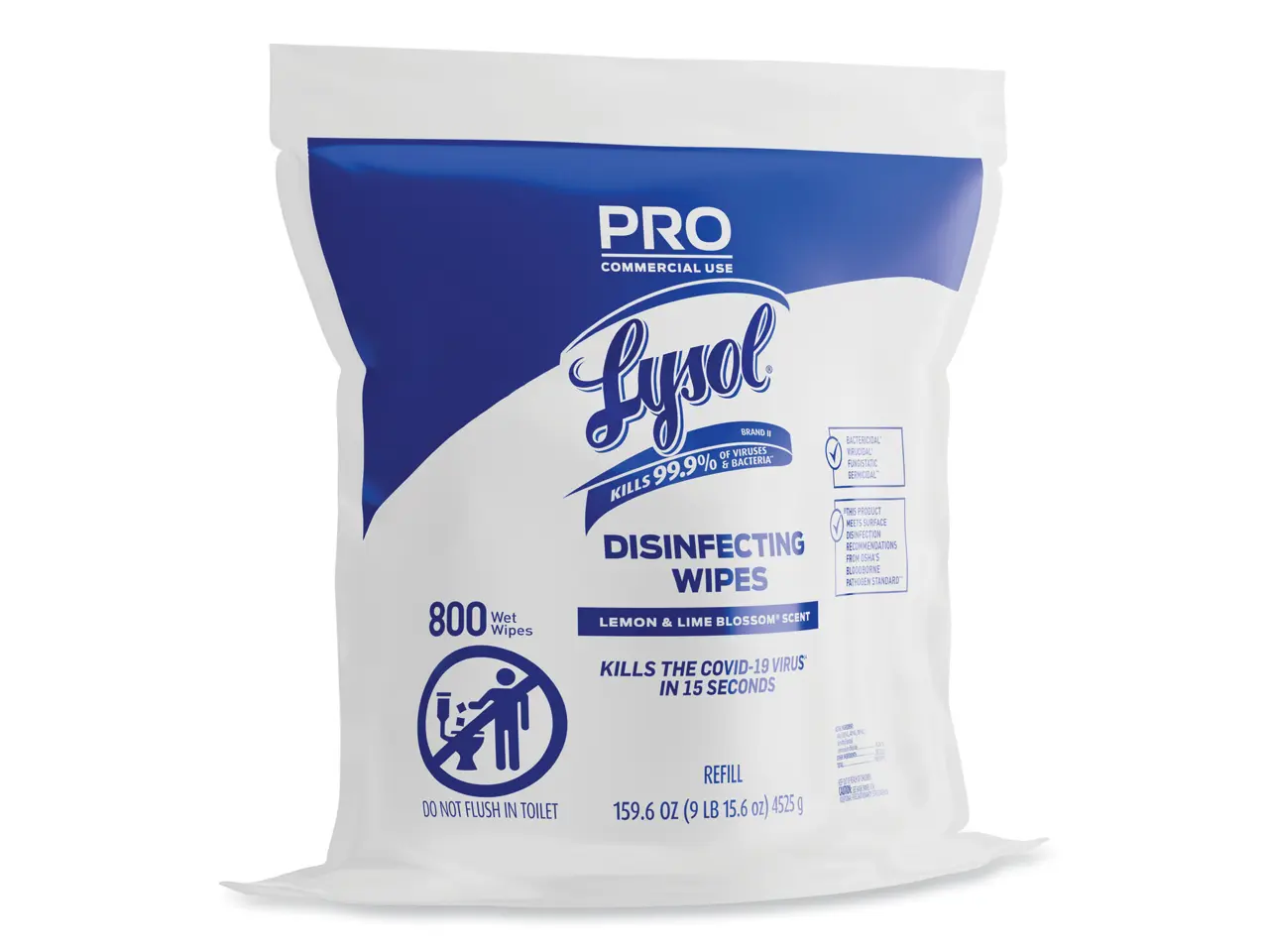 Lysol 19200-99857 Professional Disinfecting Wipe Bucket Refill, 6 x 8, Lemon and Lime Blossom, 800 Wipes/Bag, 2 Refill Bags/Carton