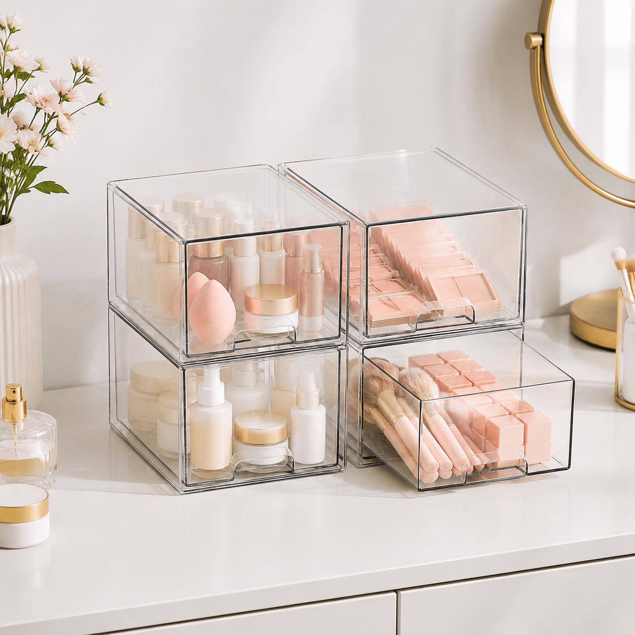 4 Pack Clear Stackable Acrylic Storage Boxes – Drawers for Bathroom Vanity, Office, Craft Room – Dustproof & Easy Clean