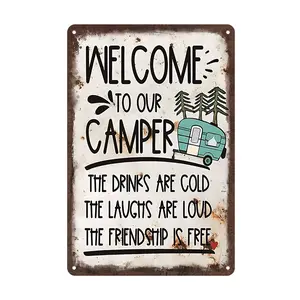 "Welcome To Our Camper" Vintage Aluminum Sign - 8x12" - Camping Theme Decor - Travel Enthusiast Gift Hanging