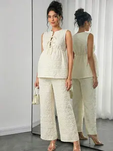 MaterniRIO Elegant Clover Jacquard Maternity Set - Chic Tie-Front Top & Straight Leg Pants for Luxury Vacations