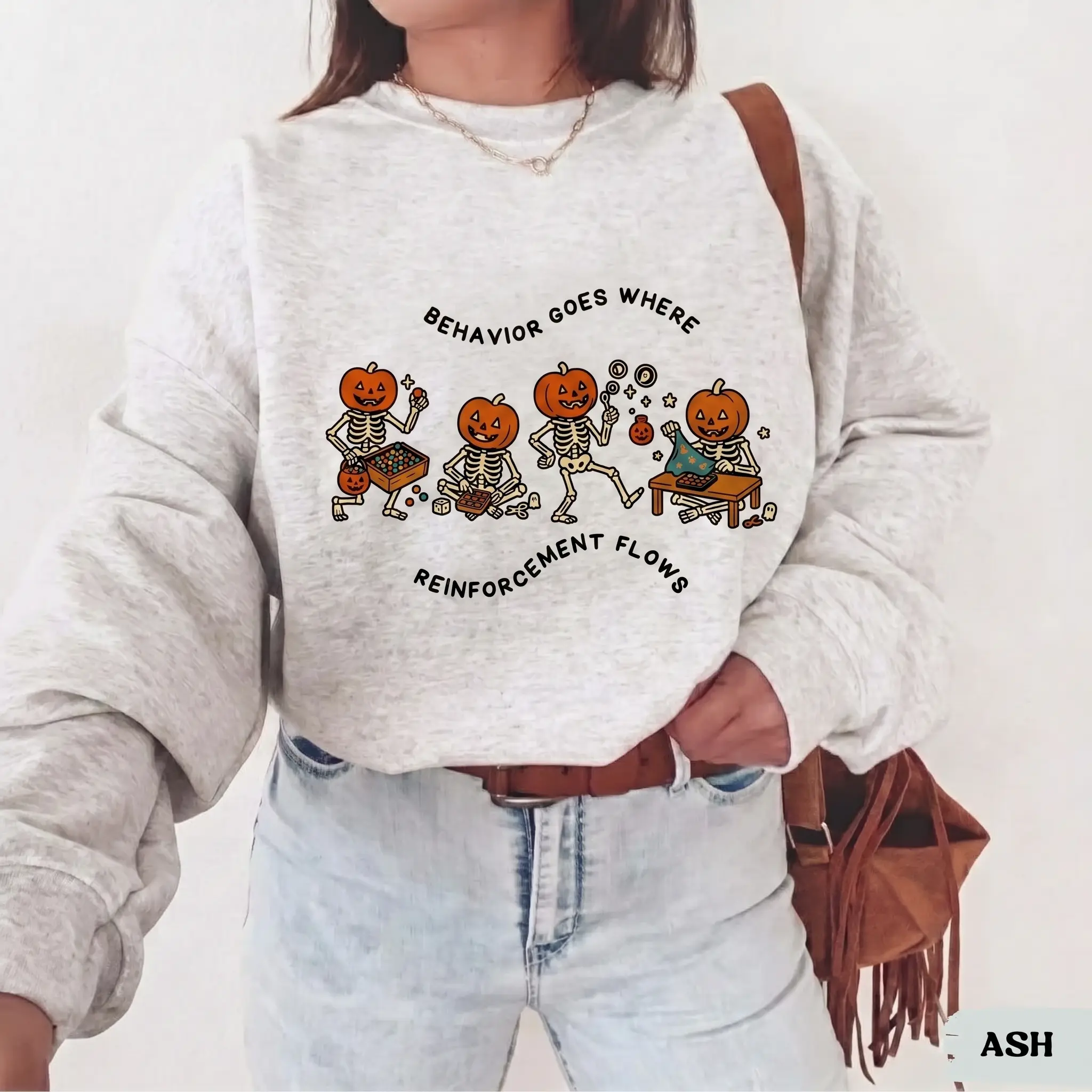 Halloween Pumpkin Skeleton Sweatshirt – Funny Spooky Graphic Crewneck, Vintage Halloween Pullover