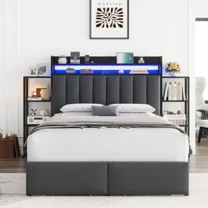 4-In-1 Upholstered Bed Frame  51.2'' Heightened Channel Tufted Headboard, Bed  Storage And Organization Shelves And Drawer, LED Platform Bed  Charging Station - 3 USB And 1 Type-C Ports, Sturdy Heavy-Duty Metal Frame Support/No Box Spring with