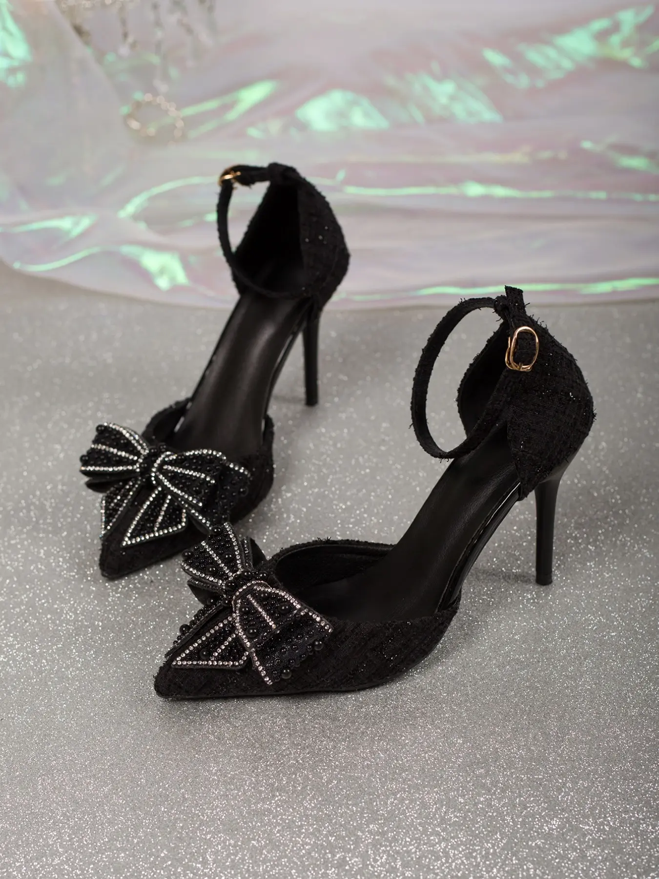 Elegant Stiletto Heel Party Shoes, Wide PU Upper, Pearl Bowknot Decoration, Dual Layer Pearl Anklet, Bridal & Bridesmaid Shoes