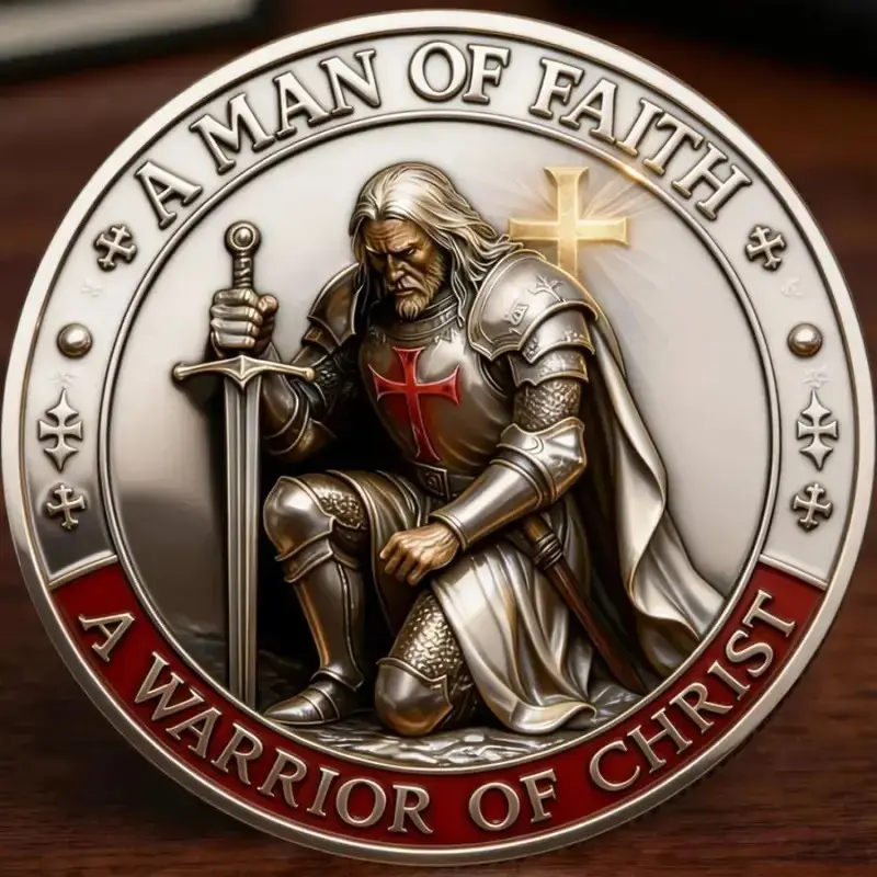 Knight Templar Christian Warrior Challenge Coin, Armor of God Faith Medal, Religious Collectible Gift for Men, Silver Color Coin