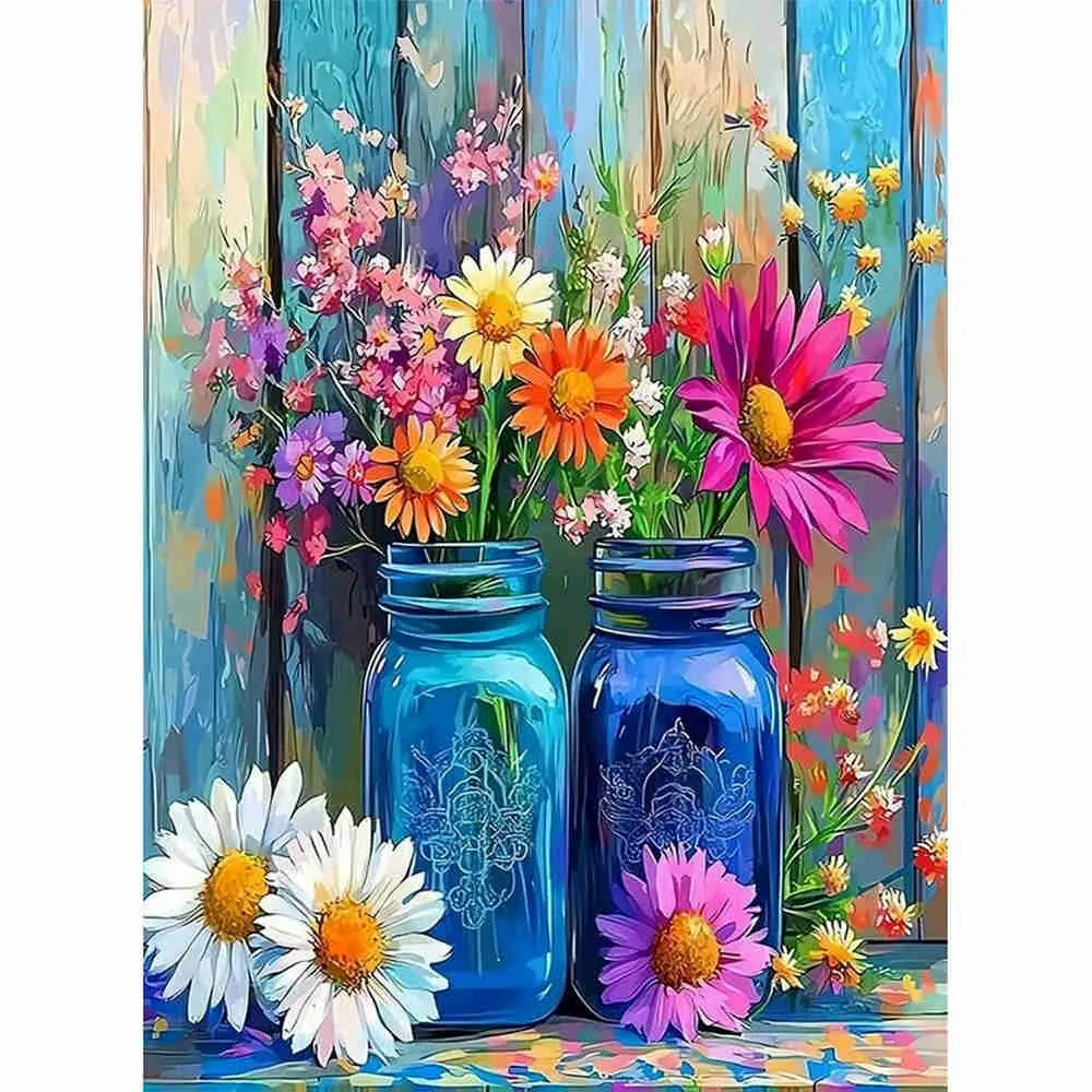 Wildflowers in Blue Mason Jars Diamond Painting Decoration Kit, Artwork, Watercolor Floral Art, 5D Full Drill Rhinestone Cross Stitch, Rustic Farmhouse Home Decor, Flower Lover DIY Craft Gift