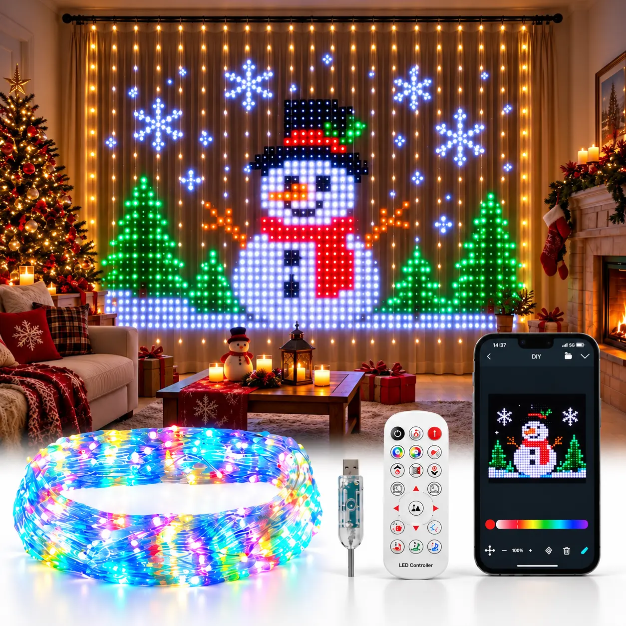 Smart RGB LED Curtain Lights - DIY Custom Pattern Display, App & Remote Controlled String Lights, Adjustable Brightness, Colorful Animated Lighting for Halloween, Christmas, Bedroom, Party & Home Decor