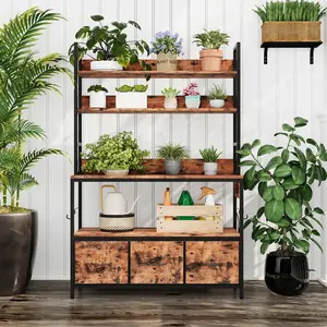 Kitchen Bakers Rack with Power Outlet, 5-Tier Freestanding Microwave Stand with Drawers & Storage Shelves, Industrial Metal Coffee Bar Station