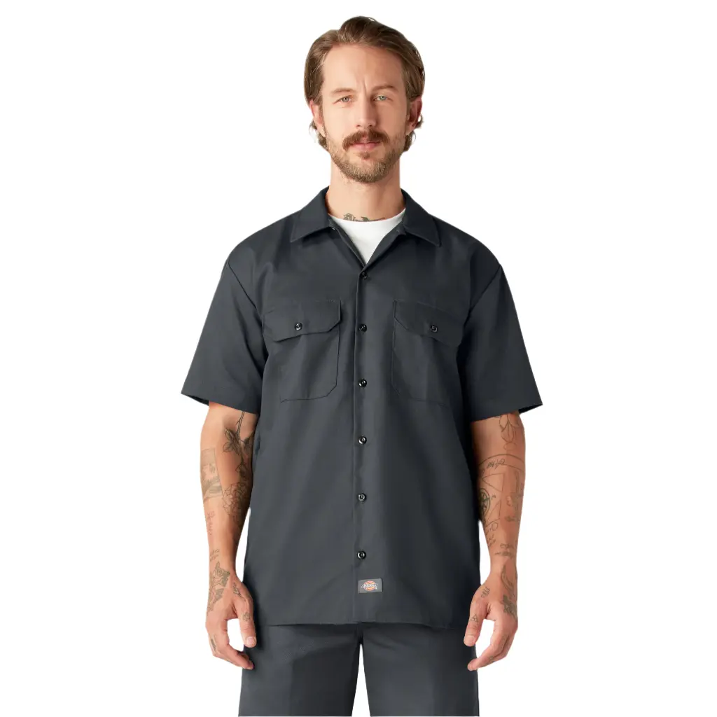 Dickies Men's Wrinkle-Resistant Twill Work Shirt, Plain Short Sleeve Top for Casual Work Wear with Flap Chest Pockets & Moisture-Wicking, mensfashion, Button Front, Fabric, Generous Cut