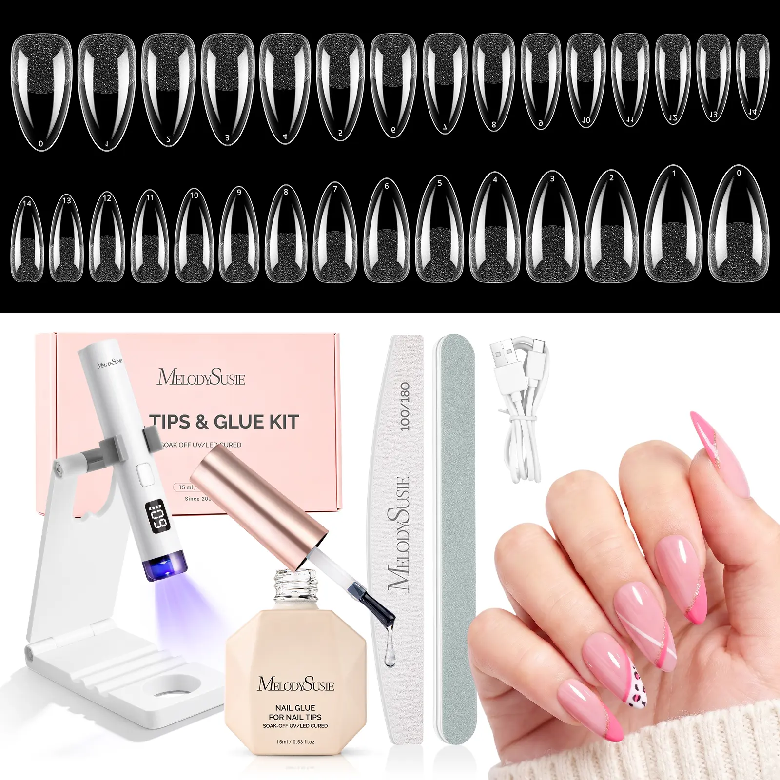 MelodySusie 38PCS All-in-One Press On Nail Tool Kit for Manicure Prep with 15ML Semi Solid Nail Glue,Cuticle Pusher,Nail File&Buffer,Rose Cuticle Oil Pen,Alcohol Pads&Adhesive Tabs,DIY Supplies
