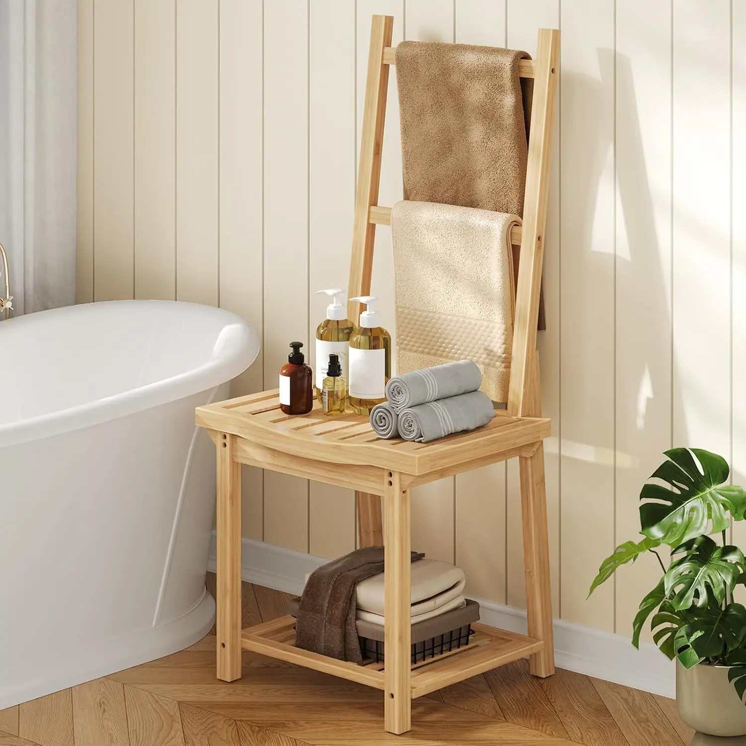 HOOBRO Freestanding Towel Rack for Bathroom, Bamboo Blanket Rack, Quilt Display Stand with Storage Shelf, Towel Rack for Living Room, Bedroom, Decorative Display Ladder Shelf, Natural YL101CJ01