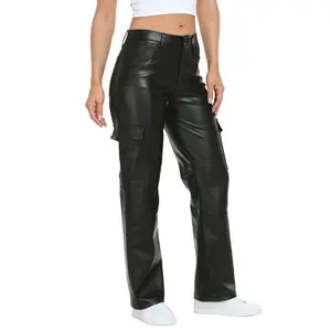 Women's Faux Leather Cargo Pants High Waist Straight