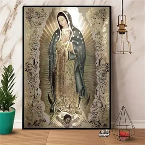 Virgin Mary Pattern Unframed Painting, Canvas Wall Art, Decorative Painting for Home Living Room Bedroom, Decoration Plated Gold Preserved Rose with Stand