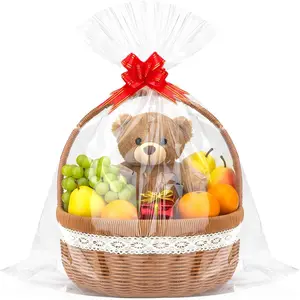 10 Pack Large Cellophane Basket Bags, 24 x 30 Inches Easter Cello Basket Wrap with 10 count Pull Bow, Plastic  Wrapping for Easter Party Favor Supplies