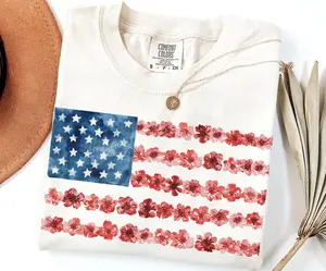 Comfort Colors Floral American Flag Tee, Vintage Washed USA Patriotic Shirt