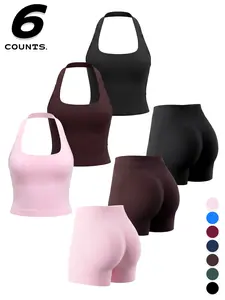 6-Piece Women's Impact Binding Summer Tank Top and Shorts Set, Seamless Shaping Gym Wear, High Waist, Sporty Style, Elasticity