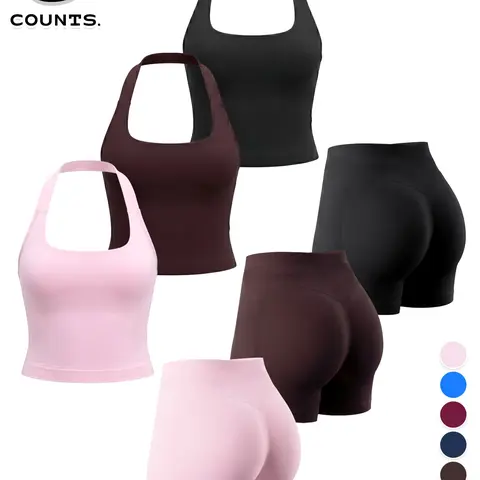 6-Piece Women's Seamless Summer Tank Top and High-Waist Shorts Set, Activewear Workout Set, Shaping Gym Wear, Sporty Style, Stretchy Fitness Apparel