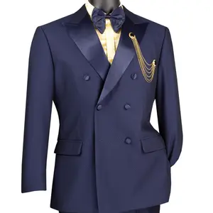 Men’s Navy Blue Double-Breasted Tuxedo – Modern Fit 2-Piece Suit with Satin Peak Lapels