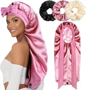 1+3 Long Satin Bonnets with Scrunchies for Women Sleeping, Double Layer Large Braid Bonnet with Tie Band
