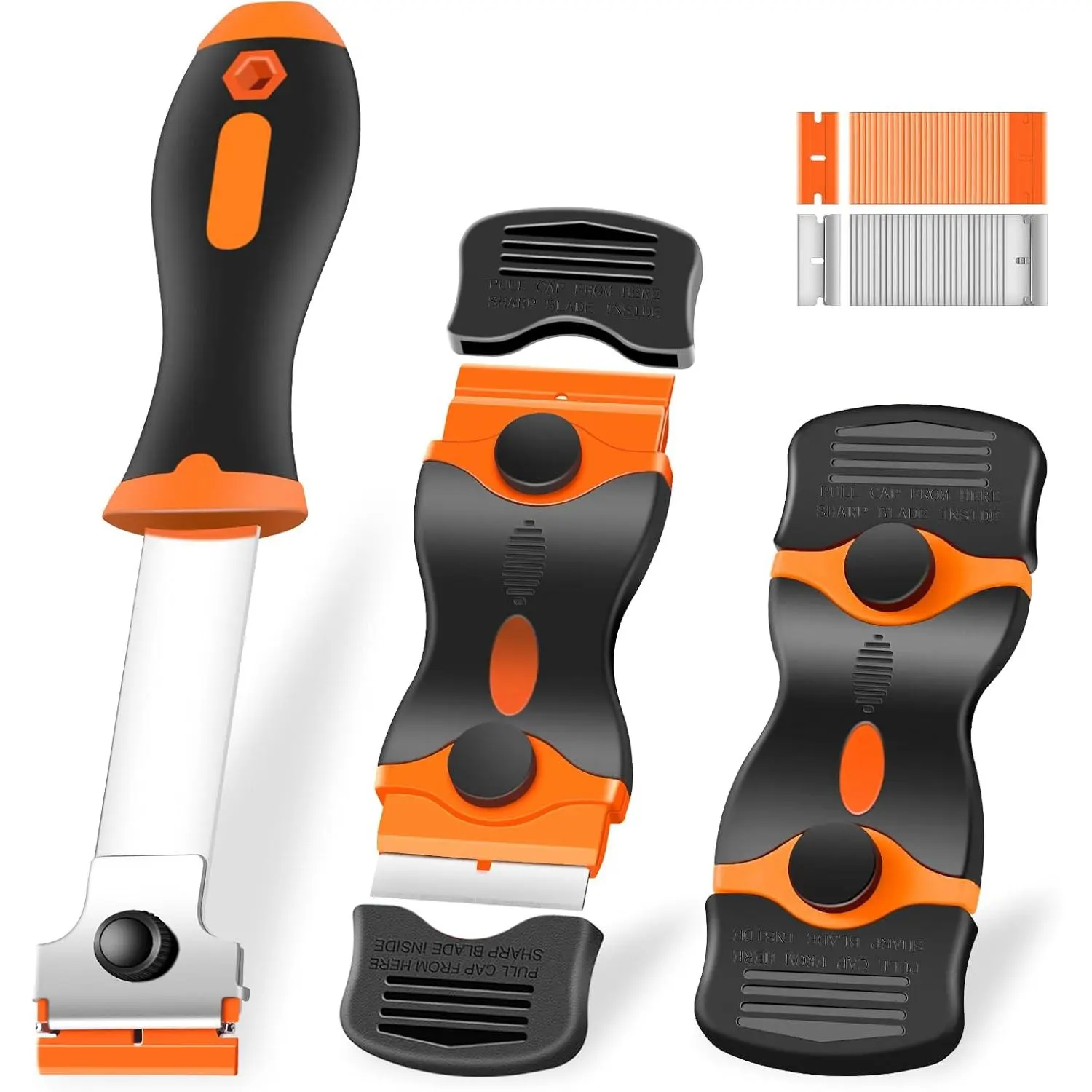 3 Pack Razor Blade Scraper, Premium Cleaning Scraper Tool with 60 PCS Metal & Plastic Razor Blades, Multi-Purpose Glass Scraper (Orange)