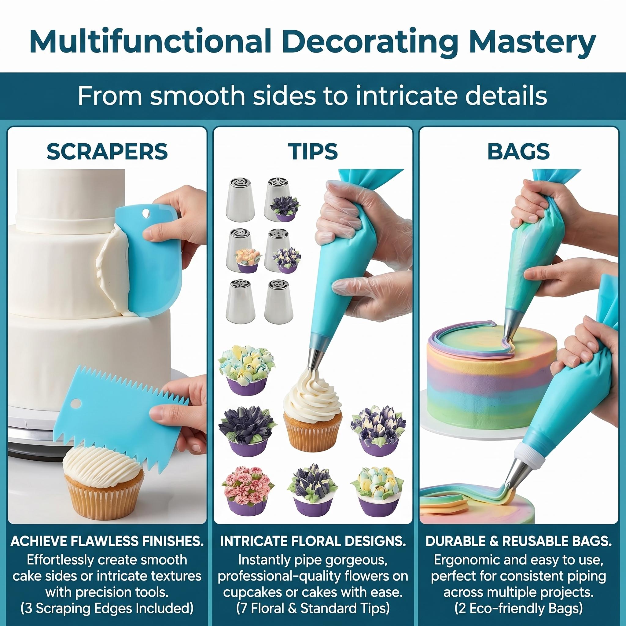 17 Pcs Cake Decorating Supplies Kit with Stainless Steel Icing Tips, Reusable Silicone Piping Bags, Scrapers & Couplers - Baking Tools for Cakes, Cupcakes & Cookies