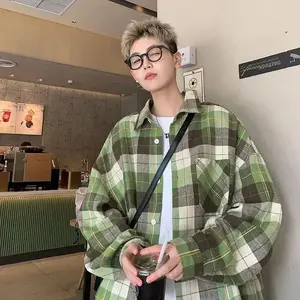 Vintage Green Plaid Shirt Jacket, Loose Fit, Long Sleeve, Casual Style, Unisex (Men & Women), Spring/Autumn Collection 2023, New Boyfriend (BF) Style