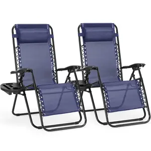 Set of 2 Portable Recliner Beach Camping Patio Outdoor Folding Lounge Chair with Cup Holder Trays and Adjustable Pillow for Poolside, Garden, Backyard, Lawn