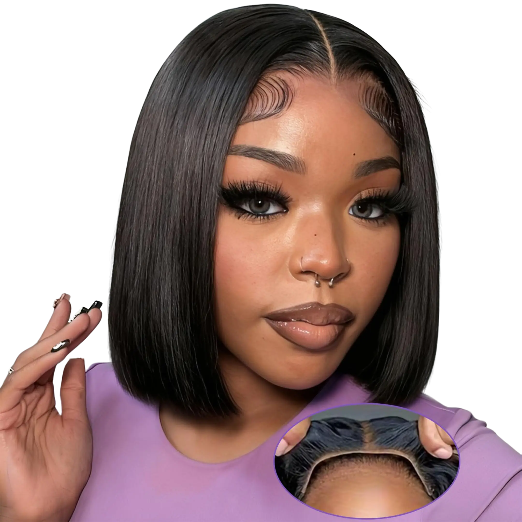 Human Hair Bob Wig for Women, 180 Density, 5x5 HD Lace Closure, Wear and Go Design, Pre-Cut, Pre-Plucked, Pre-Bleached, Glueless Drawstring Short Wig, Natural Black Adjustable Size Top Real Hair