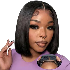 Human Hair Bob Wig for Women, 180 Density, 5x5 HD Lace Closure, Wear and Go Design, Pre-Cut, Pre-Plucked, Pre-Bleached, Glueless Drawstring Short Wig, Natural Black Adjustable Size Top Real Hair