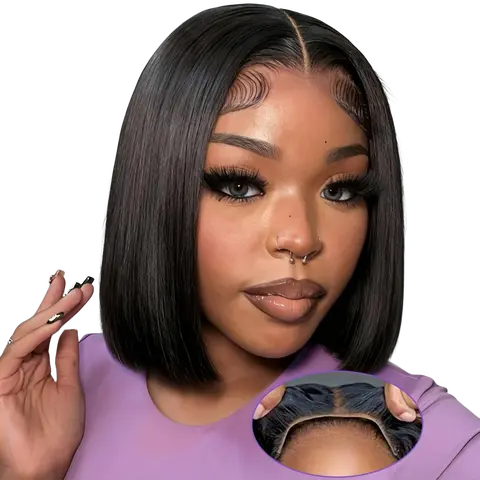 Human Hair Bob Wig for Women, 180 Density, 5x5 HD Lace Closure, Wear and Go Design, Pre-Cut, Pre-Plucked, Pre-Bleached, Glueless Drawstring Short Wig, Natural Black Adjustable Size Top Real Hair