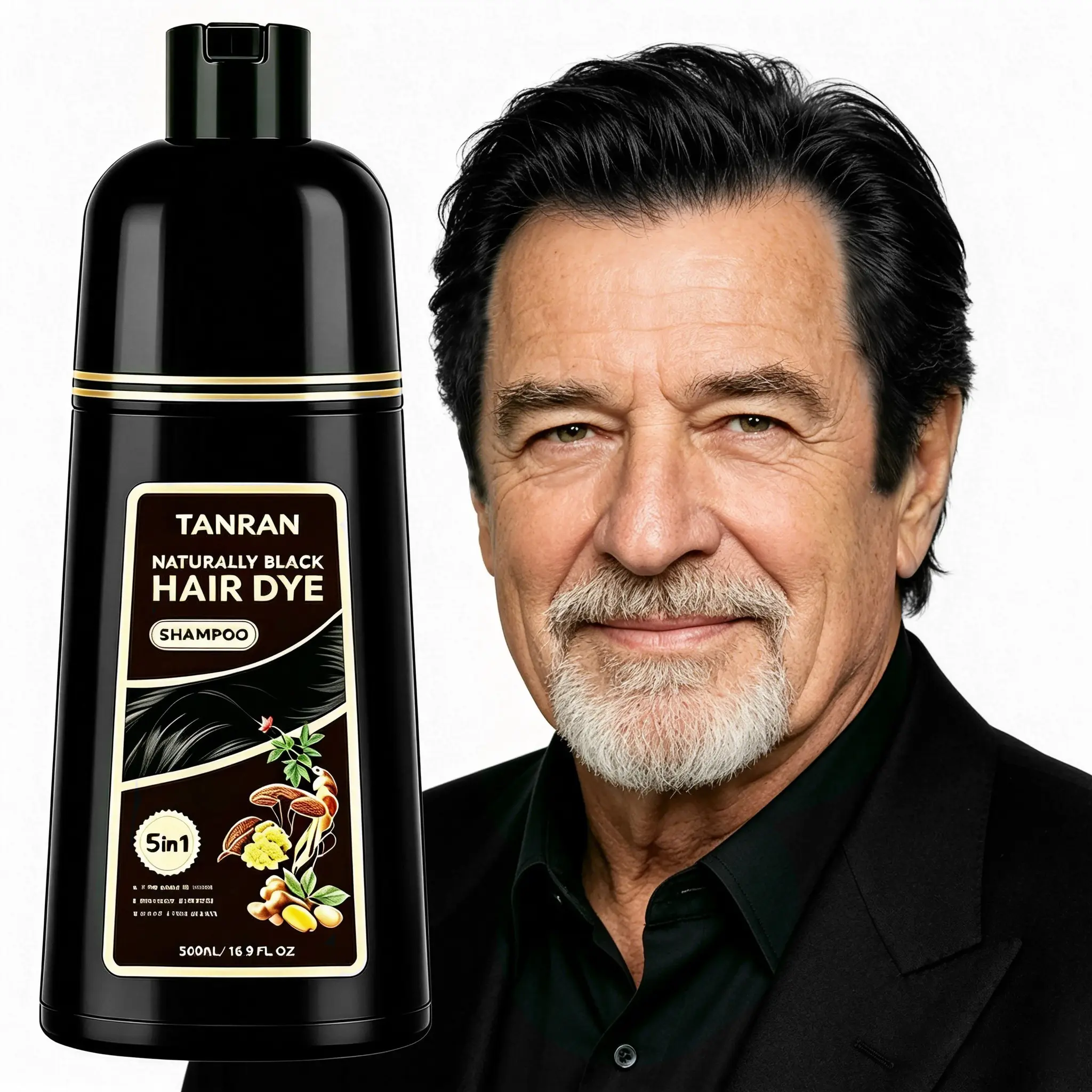 TANRAN Naturally Black Hair Darkening Shampoo 5 in 1 - Hair Dye & Conditioner, Frizz-Free & Shiny, Herbal Root Nourishing 500ml