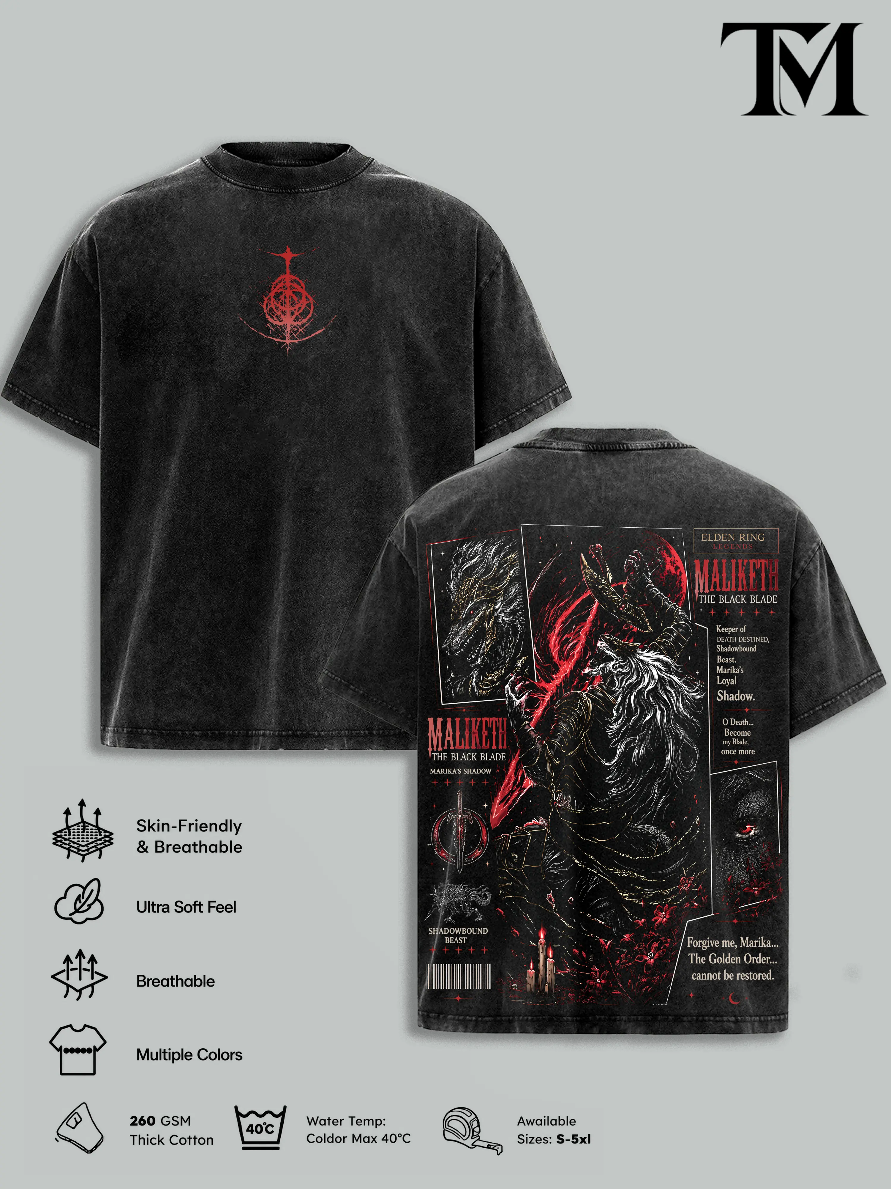 5 Design Elden Ring Vintage Washed Oversized T-Shirt, Ranni, Malenia, Radahn, Maliketh Dark Fantasy Graphic Tee, Tarnished Soulslike RPG Streetwear, Heavyweight Cotton FromSoftware Gamer Merch, Gift for Elden Ring Fans