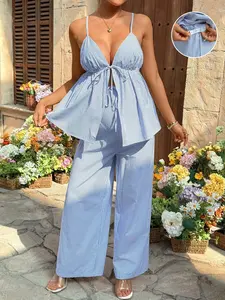 ZENIE Azure Cami Slacks Bundle Comfortable Pregnancy Co Ord Casual Vacation Outfit Coastal Cowgirl