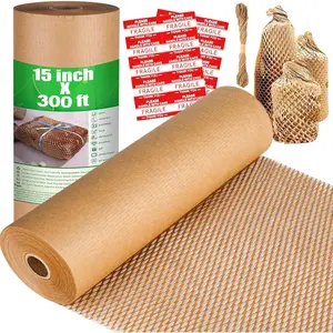 Honeycomb Packing Paper, 15" x 300' Recyclable Cushion Packing Paper for Moving Shipping Packaging Breakables,  Bubble Wrap Alternative Roll  Honeycomb Paper with 20 Fragile Stickers