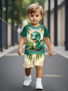 Cute little dinosaur jungle printed baby boy short-sleeve set, casual kids' clothing for infants, T-shirts suitable for daily wear and outdoor activities, an ideal gift for baby boys, Baby Boy Clothes!
