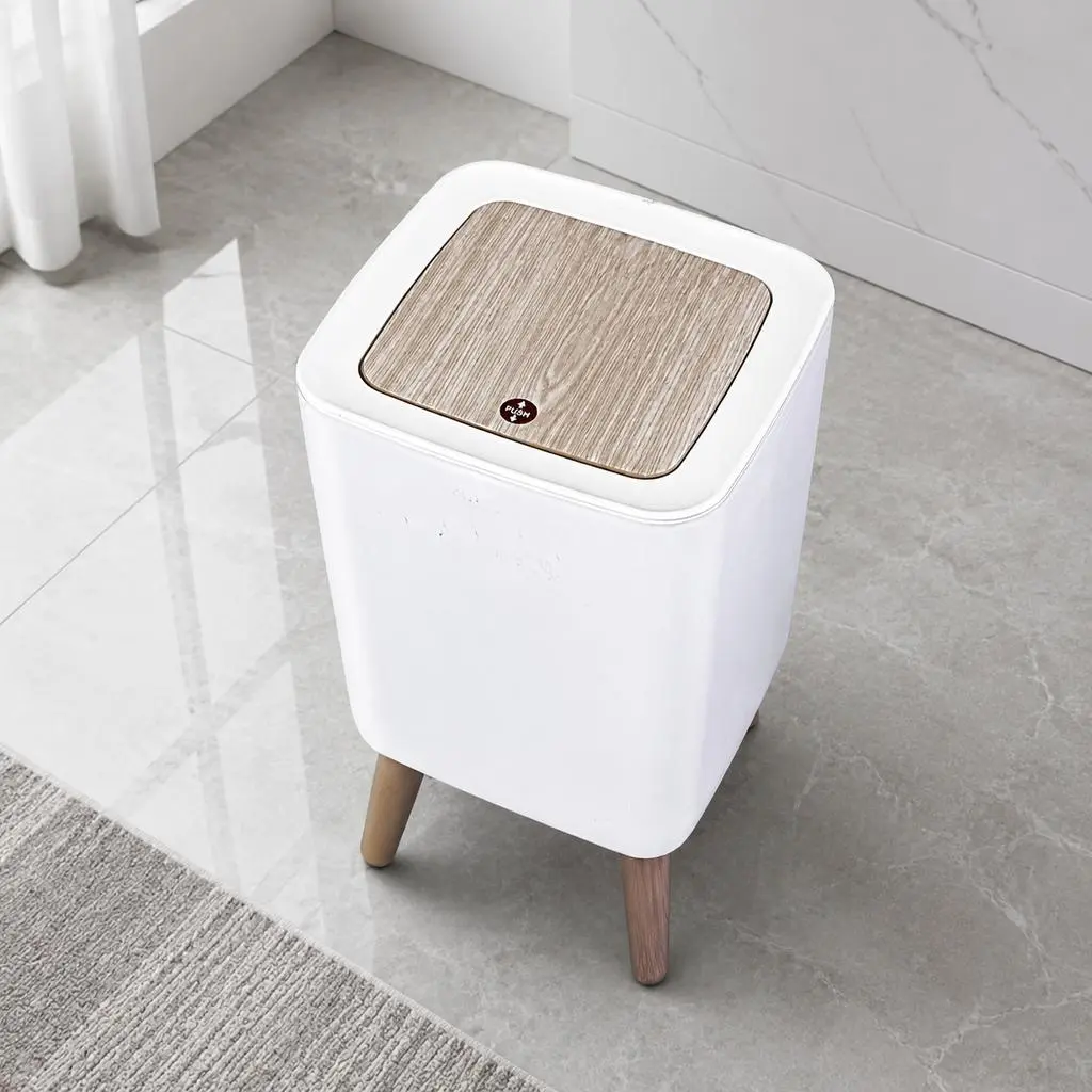 Minimalist Round Plastic Study Bucket - Silicone Seals, Detachable Wooden Legs, Press-Down Sealed Lid, Waterproof, Decorative Odor-Control Waste Bin for Home Kitchen, Bathrooms, Office automatic trash recycling Double Tilt Out Cabinet dual compartment
