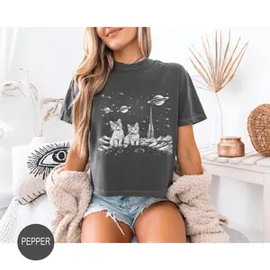 Comfort Colors Kittens In Space Boxy Tee, Cute Vintage Cat Graphic Shirt