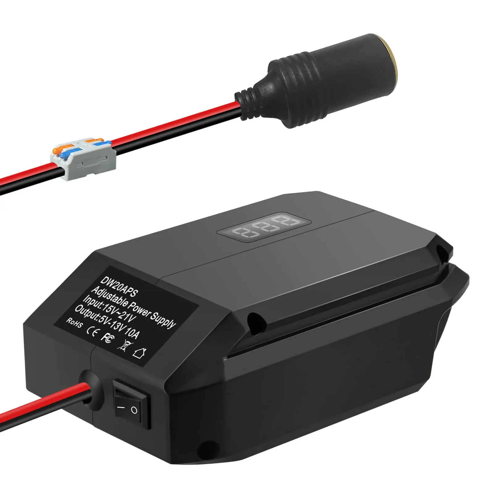 Adjustable DC Power Supply Adapter Compatible with DeWalt 20V MAX Batteries, 5V-13V 10A Output with LED Display, 12V Socket and Wire Connector, 130W Max (Battery Not Included)