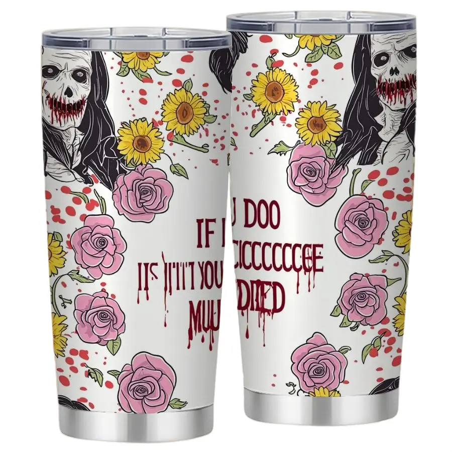 20oz Stainless Steel Horror Zombie Grid Tumbler - Portable Stylish Vacuum Flask for Coffee & Beverages, Featuring 8 Grotesque Zombie Faces & Central Sunglasses Woman in Blood Splatter Design