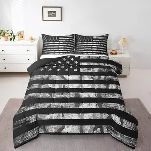 Black Gray Camo American Flag Comforter,age Geometric US Stripes Stars Bed Sets,Militarily Army Camo Duvet Insert,Lightweight Microfiber