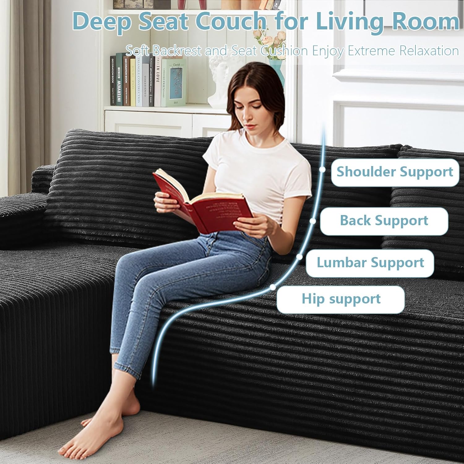 96" Cloud Couch Sofa, Sectional Sofa Couches for Living Room, Black Corduroy L-Shape Upholstered Boneless Couchs Modern Modular Sectional Couch with Chaise Lounge and Toss Pillow, No Assembly Required