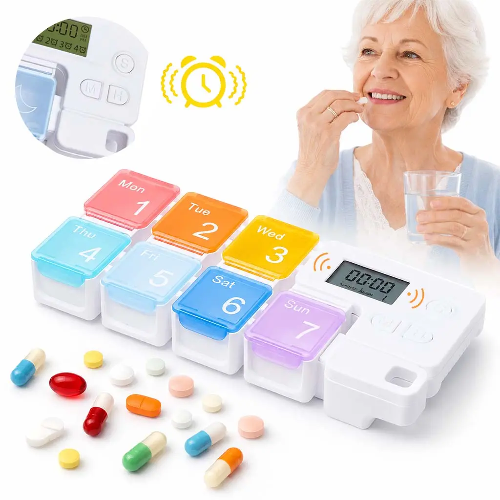 【weeklydeals】7 Day Smart Timed Pill Organizer With Loud Alarm Reminder, Detachable Color Coded 7 Compartments Electronic Medicine Case, BPA Free Portable Medication Storage Box Ideal For Vitamins Supplements Daily Pills Home Travel Outdoor Use