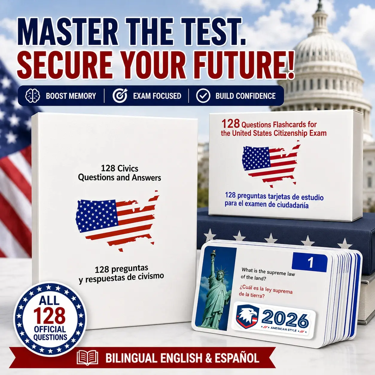 Portable US Citizenship Learning Flash Cards 2026 - 128 Real Test Cards with Civics Questions, English Literacy Content, Bilingual Booklet, Compact for Travel Prep, English-Spanish Use for Naturalization Test